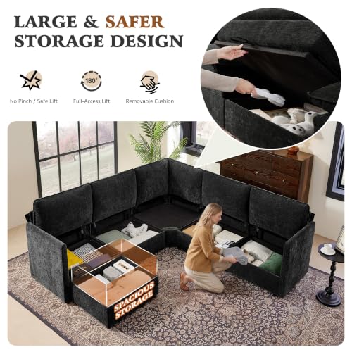 Image of Ihanherry Oversized Modular Sectional Sofa with Storag, 6-Seater V Shaped Cloud Couch with Movable Ottomans, Chenille Deep Seat Corner Couches for Living Room (Black)