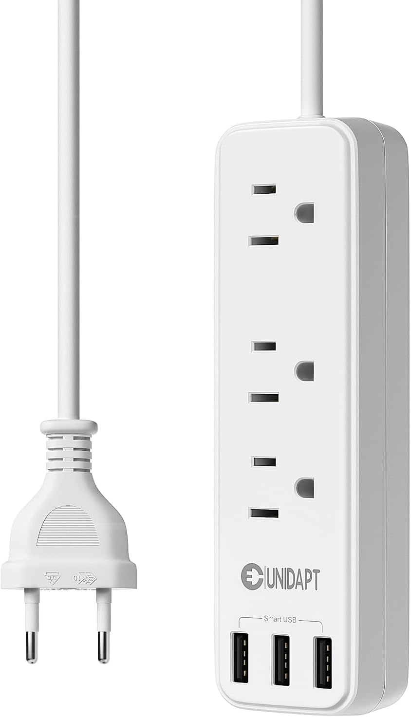European Travel Plug Adapter, Unidapt International Power Strip, US to Europe USB Extension Cable, Plug Adapter for EU with 3 USB Ports and 3 AC