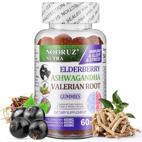 NOORUZ Ashwagandha Elderberry Valerian Root Gummies - Triple-Action Vegan Supplement for Healthy...