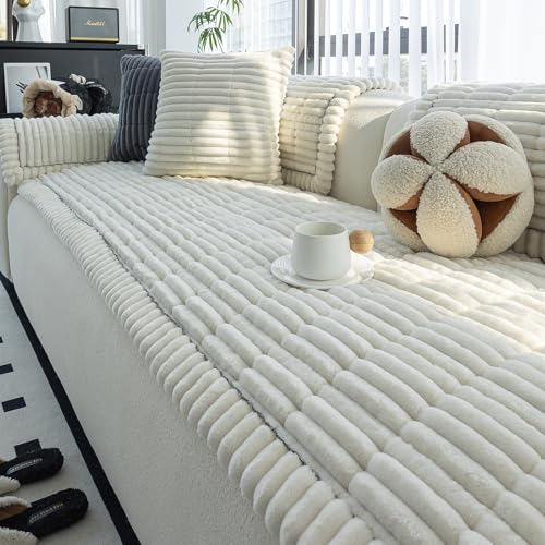 MDSASFD Sofa Couch Cover, Sofa Covers for Dogs Washable, Non-Slip Striped Sofa Slipcovers for Sectional Sofa, Sofa Cover Furniture Protector for L Shaped(Beige White, 27.6