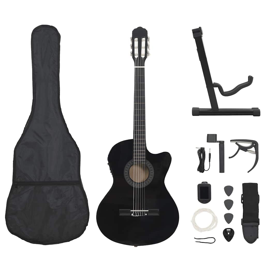 12-TLG. Western Gitarren-Set Schwarz mit 6 Saiten, 4-Band Equalizer, Gitarrentasche, Stimmgerät, Kapodaster, Gitarrengurt, Plektrum, Saitenkurbel für Gitarre Akustik Konzert Musik Unterricht