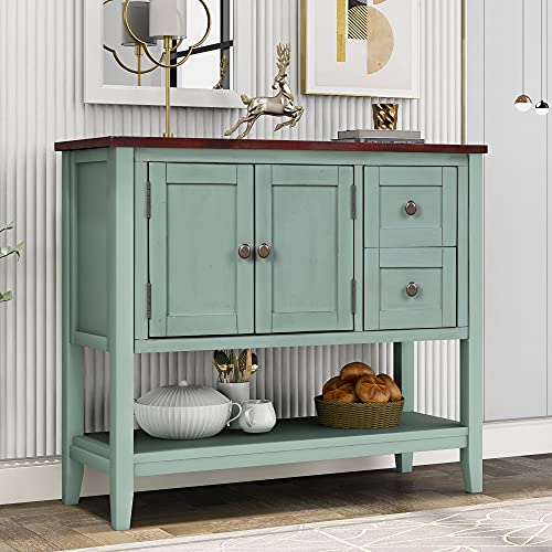 Rhomtree 36” Wood Console Table Sideboard Hall Table with 2 Drawers, 1 Cabinet and 1 Shelf Modern Sofa Table for Hallway, Entryway, Living Room, Kitchen (Green with Brown Top)