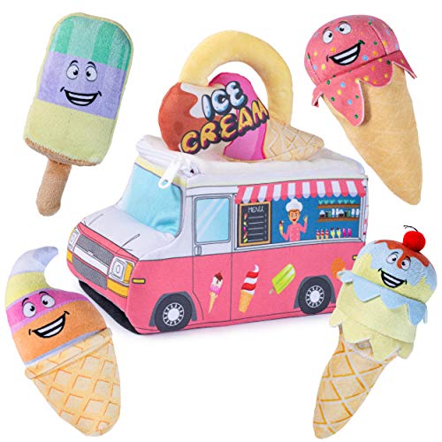 Plush Ice Cream Truck Toy Set | Includes 4 Talking Soft Plush Ice Creams | Ice Pop, Soft Double Ice Cream Cone, Soft Ice Cream Cone with Sprinkles, and Rainbow Ice Cream Cone | Plush Ice Cream Truck