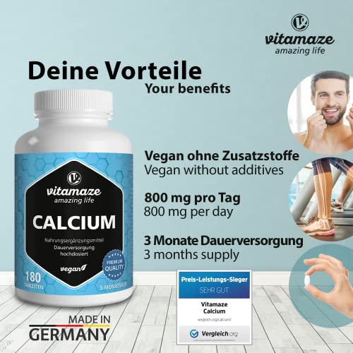 Calcium Tabletten hochdosiert vegan, 180 Tabletten für 3 Monate, 800 mg Kalzium-Carbonat pro Tagesdosis, Organische Nahrungsergänzung ohne Zusatzstoffe, Made in Germany