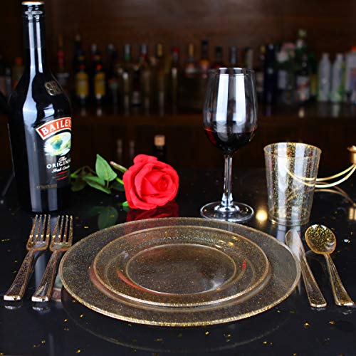 WELLIFE 175 Pieces Gold Glitter Plastic Plates with Silverware and Cups, Includes: 50 Plates, 50 Forks, 25 Knives,25 Spoons and 25 Cups for Party - Image 4