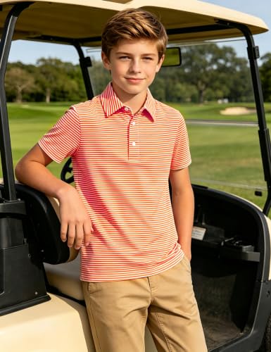 Cuddomper Boy Polo Stripe Shirt Size 13-14 Orange Short Sleeve Golf Top - image 2