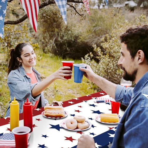 Image of Gistome 3 Pack 54 x 108 Inch 4th of July Plastic Tablecloths, Red White Blue Stars Disposable Rectangle Table Covers for Independence Day Memorial Day Party Decorations