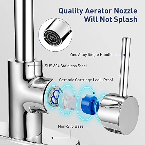 Phichi Bar Faucet Chrome, 1 Or 3 Hole Single Handle Stainless Steel Gooseneck Sink Faucets For Bathroom Bath Outdoor With Hot & Cold Water Supply Lines #TOP4