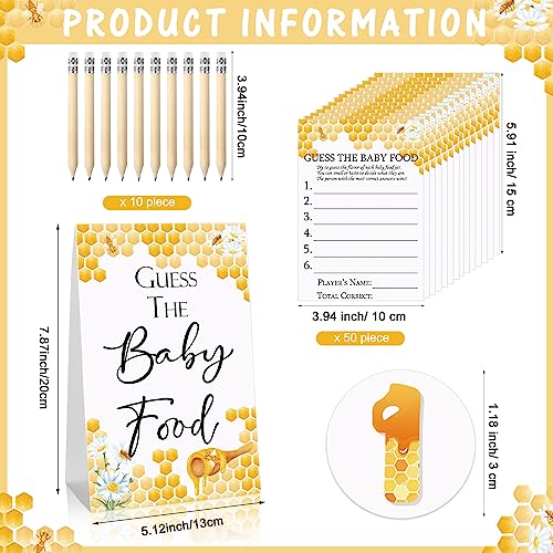 67 Pcs Guess the Baby Food Game Honey Bee Baby Shower Games Set 1 Standing Sign 50 Answer Cards 10 Pencils 6 Number Stickers for Gender Reveal Party Decoration Supplies