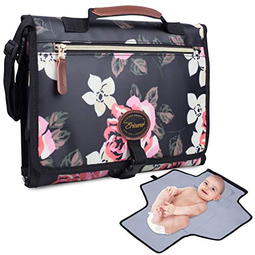Image of Portable Diaper Changing Pad Thick Cushion Pillow - Foldable Clutch Bag Travel Changing Mat Detachable Wipe Pockets Baby Gift - Black Pink Floral Rose