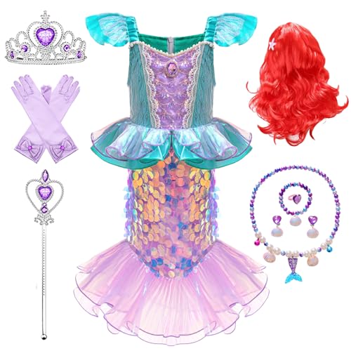 Kosplay Niñas Disfraz de Princesa Sirena con Peluca y Accesorios Vestido de Ariel Princesa Vestido de Sirena con Lentejuelas Cumpleaños Fiesta Navidad Halloween Carnaval Cosplay Chica 100-150