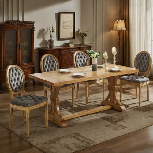 SoarFlash Französische Esszimmerstühle, 4er-Set, Vantage Esszimmerstuhl mit runder Rückenlehne, Holzbeine, Bauernhaus-Samt, Esszimmerstuhl für Küche, Schlafzimmer, Grau