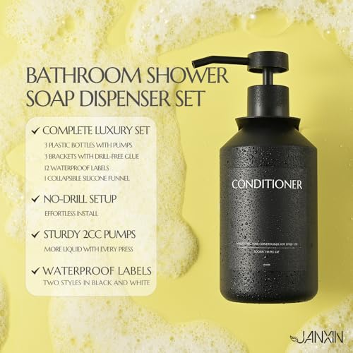 Janxin 3 Stück Seifenspender Wandbefestigung,500ml Shampoo Flaschen zum Befüllen,Duschgel Spender,Seifenspender Schwarz Ohne Bohren for Kitchen and Bathroom (Schwarze Flasche + schwarzer Kopf)