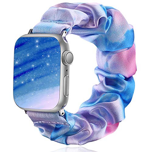 Henva Compatible with Apple Watch SE Band Scrunchies 38mm Series 3/2/1, for Women Girls, Soft Cute Elastic Scrunchy Pattern Printed Wristbands Replacement for iWatch 40mm Series 6, Blue Pink, S/M