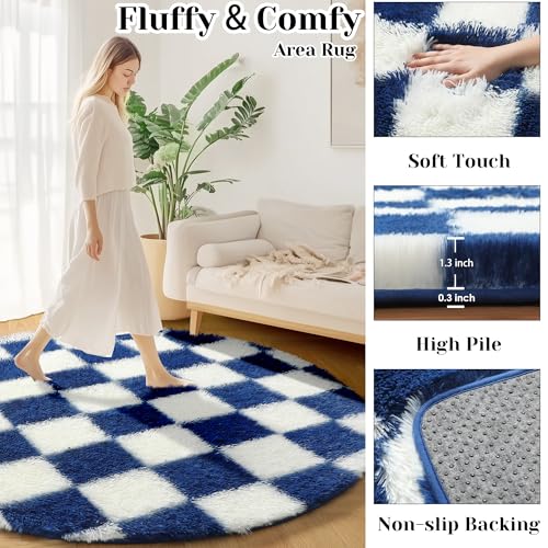 Image of KICMOR Round Rug 4ft for Bedroom, Soft Fluffy Circle Area Rug Cute Small Living Room Carpet, Blue and Cream White Fuzzy Shag Shaggy Checkered Circular Rug for Kids Room Nursery Home Decor Aesthetic