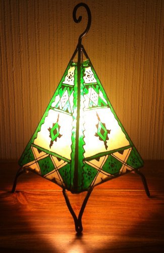 MAISON ANDALUZ Painted Moroccan Henna Table & Bedside Lamps - Pyramid 38CM - Green & Cream -