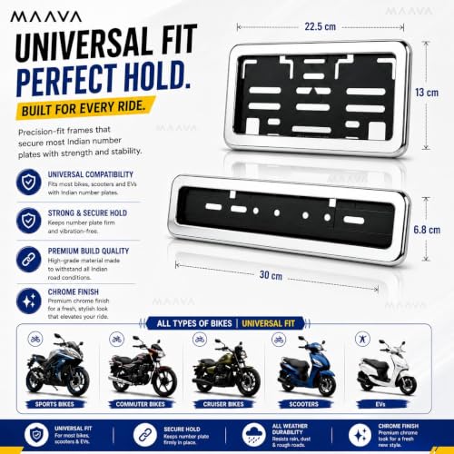 Image of Universal Chrome Number Plate Frame for Bikes & Scooters | Front & Rear Chrome Finish ABS Number Plate Holder Set | Rust & Corrosion Resistant No. Plate Frame | Heavy Duty | Chrome Finish
