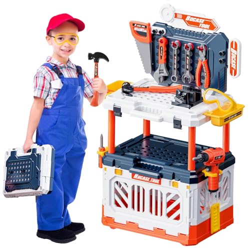 deAO Kids Tool Bench, Realistic and Electric Drill, 90 Pcs Transformable Kids Tool Set, 4 in 1 Pretend Play Kids Construction Toys Gift for Toddlers Boys & Girls Age 3-5