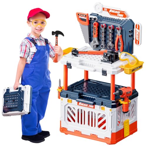 deAO Banco de Trabajo para Niños con 90 Parts Incluye Construcción Herramientas de Juguete Destornillador, Llave Inglesa,...