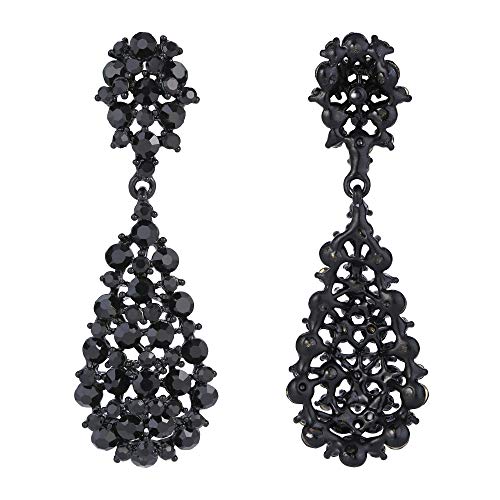 EVER FAITH Jet Color Austrian Crystal Floral Bohemia Hollow-out Teardrop Party Pierced Earrings Black-Tone