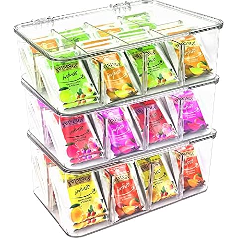 Utopia Home (3 Pack) Tea Bag Organizer - Stackable Tea Bag Storage Organizer with Clear Top Lid- Tea bag holder For Counter tops, Kitchen Cabinets, Pantry, Sweeteners (Clear) Cover