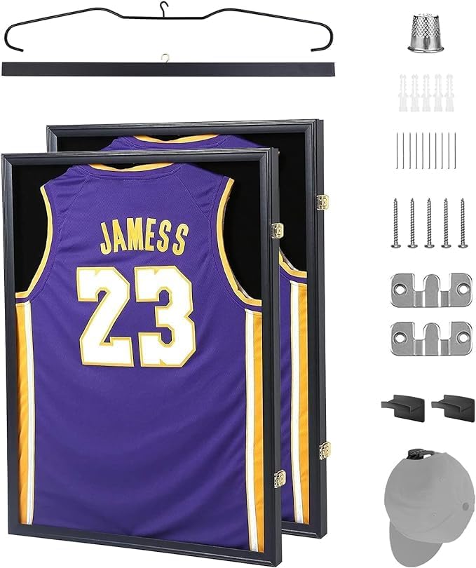 Nice C Jersey Frame Display Case, Jersey Shadow Box T Shirt Display Case, Football Jersey Frame, with 98% UV Protection, Hangers and Hookers, Valet Pinboard, Acrylic, Basketball (2 Pack) Black 2 pack