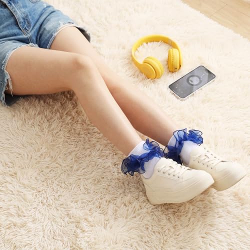 Image of Geyoga 3 Pairs Women Big Ruffle Socks Turn Cuff, Double Lace Ankle Cotton Frilly Socks for Ladies Summer