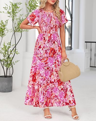 Image of Kranda Women 2025 Summer Fall Crewneck Short Sleeve Smocked Floral Maxi Dress