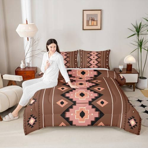 Image of Feelyou Boho Aztec Comforter Set All Season West Bedding Set with 1 Pillow Cases Brown Pink Microfiber Kids Twin Bedclothes Western Bedroom Decor Duvet Quilt Breathable Soft Lightweight