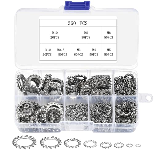 360 Pcs Rondelle de Blocage, Rondelle Eventail Inox, Rondelles de Retenue à Dents Externe, Rondelles de Serrage en Acier Inoxydable, M2,5 M3 M4 M5 M6 M8 M10 M12