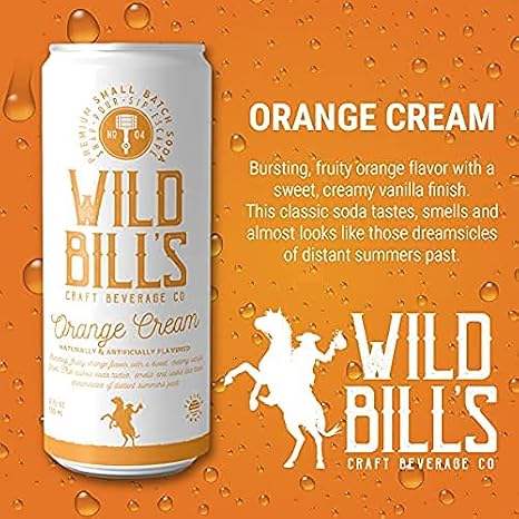 Wild Bill's Orange Cream Soda Classic Craft Soda Pop Soft Drinks, Creamsicle Sodas Made with Pure Cane Sugar, Caffeine Free, NO High Fructose Corn Syrup, Gluten Free, Vegan, Low Sodium, 12 Oz 12 Pack