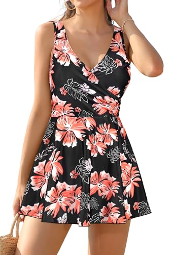 Image of SHEKINI One Piece V Neck Skirt for Women Modest Tummy Control Swimdress Bathing Suits Swimsuit