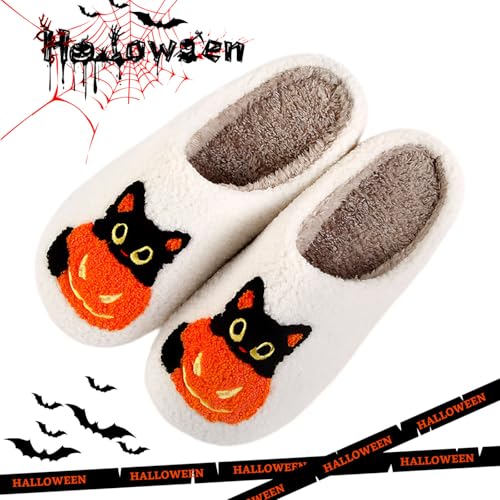 Halloween Pumpkin Slippers For Women Men Cat Slippers Comfy Soft Plush Memory Foam Home Lantern Shoes 41-422