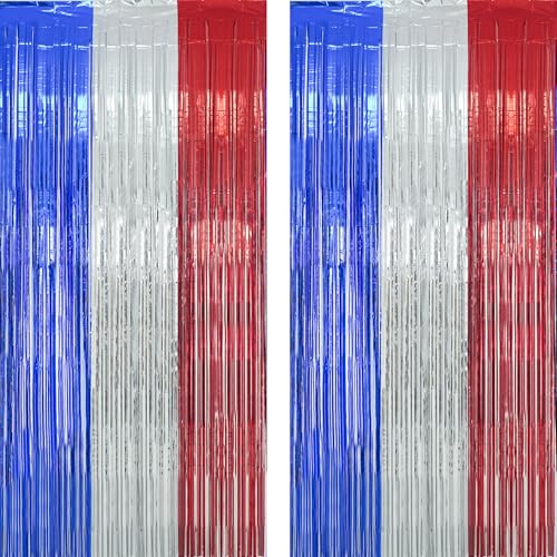 Image of Blue Silver Red Party Streamers - GREATRIL Patriotic Tinsel Foil Fringe Backdrop Decorations for 4th of July Decorations /Independence Day /Memorial Day Party Supplies 3.2ft x 8.2ft 2 PCS