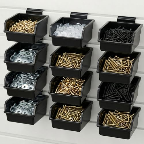 Yuanan 12 Pack Slatwall Bins, Slatwall Accessories Plastic Wall Mounted Storage Bins with Hooks Wall Storage Bin for Slat Walls Organizing Hardware, Garage, Craft Room, Tool Shed, Hobby Supplies