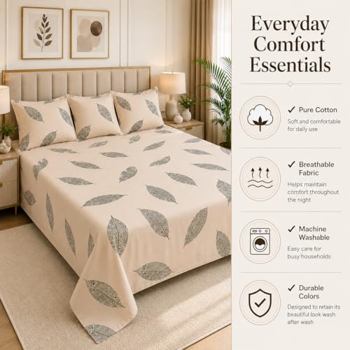 Image of 100% Pure Cotton King Size Bedsheet with 3 Pillow Covers | Family Size 90 x 100 Inches | Soft & Breathable Cotton Bedsheet fits Double Bed, Queen Bed, King Bed | Beige Leaf Print