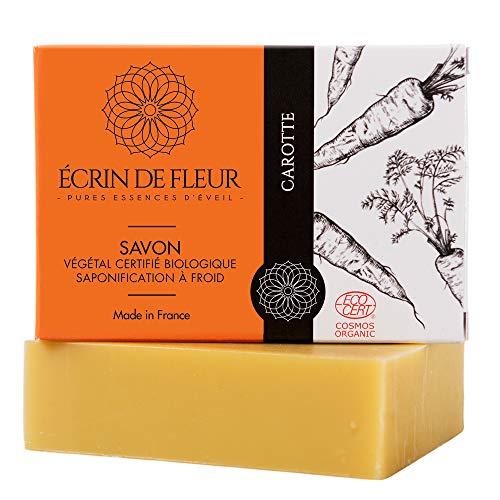 Écrin De Fleur - Savon Bio à la Carotte, Fabriqué en France avec du Jus de Carotte Frais, Surgras 5% à l'Huile de Tamanu, Saponifié à Froid, Artisanal, Non Parfumé, 1x100g