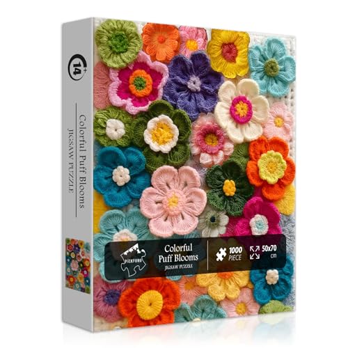 PICKFORU Flower Puzzles for Adults 1000 Pieces, Colorful Crochet Flower Art Jigsaw Puzzle, Vibrant Handmade Style Yarn Floral Beautiful Puzzle, Challenging for Adults