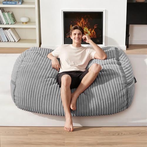Image of 4FT Bean Bag Chair 4'Big Bean Bag Chairs with Adults, Large Beanbag Chair | Bean bag Lounger with Machine Washable Cover Corded Plush Fabric, Comfy Chairs for Living Room Bedroom Dorm, Lightgrey