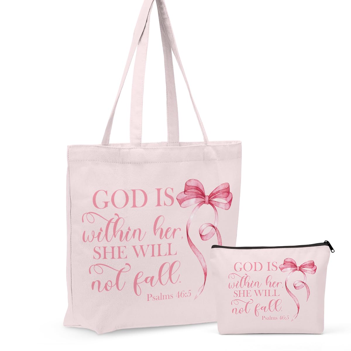 GHUSDFM Christian Gifts for Women, Girls Preppy Bow Canvas Tote Bag Makeup Bag Set, Inspirational Bible Verse Religious Gifts Anniversary Nurse