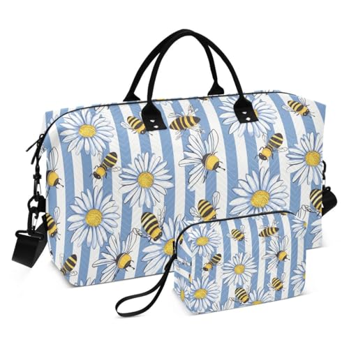 Bee Daisy Flower Blue Striped Travel Duffle Bag Gym Bag Weekender Bags with Toiletry Bag Travel Trip Tote Bag