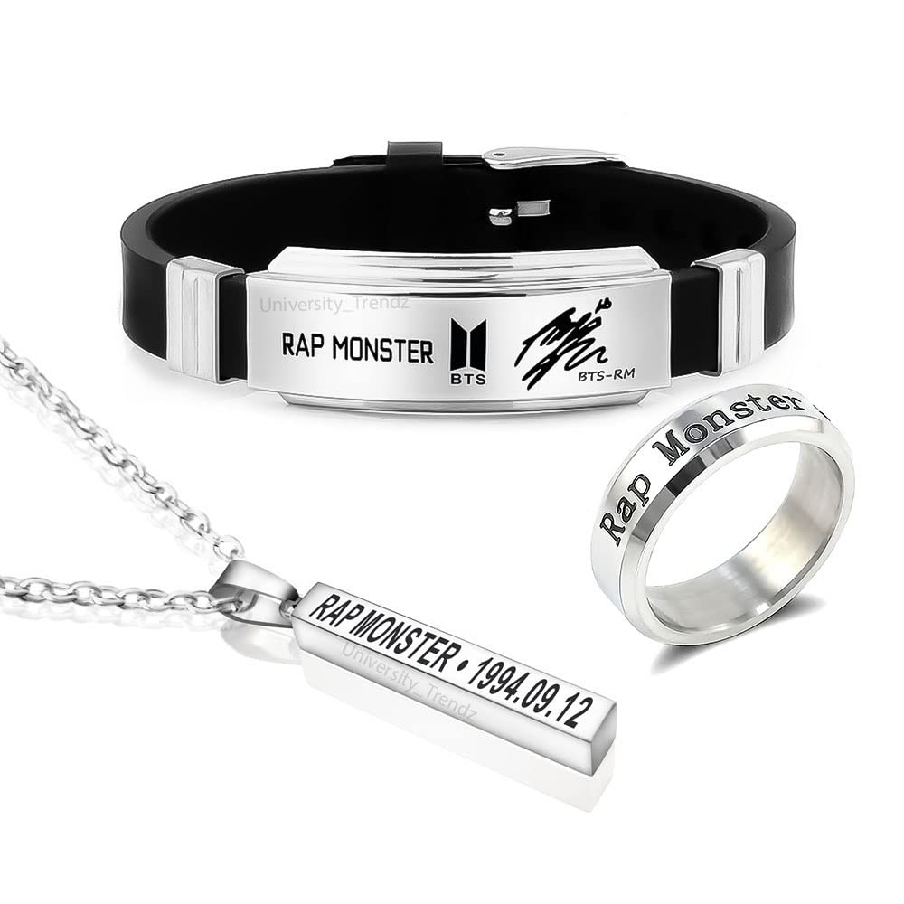 University TrendzUnisex Fan Combo - Rap Monster Bangtan Kpop Bar Pendant Necklace, Name Signature Silicon Bracelet & DOB Engraved Stainless Steel Ring (Pack of 3)