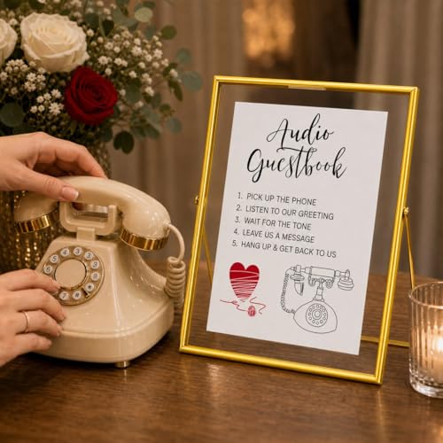 Image of Calculs Audio Guest Book Sign, Gold 8x10 Floating Picture Frame | Double glass metal frame, fits 6x8 insert, audio guest book table, reusable tabletop frame for signs and photos