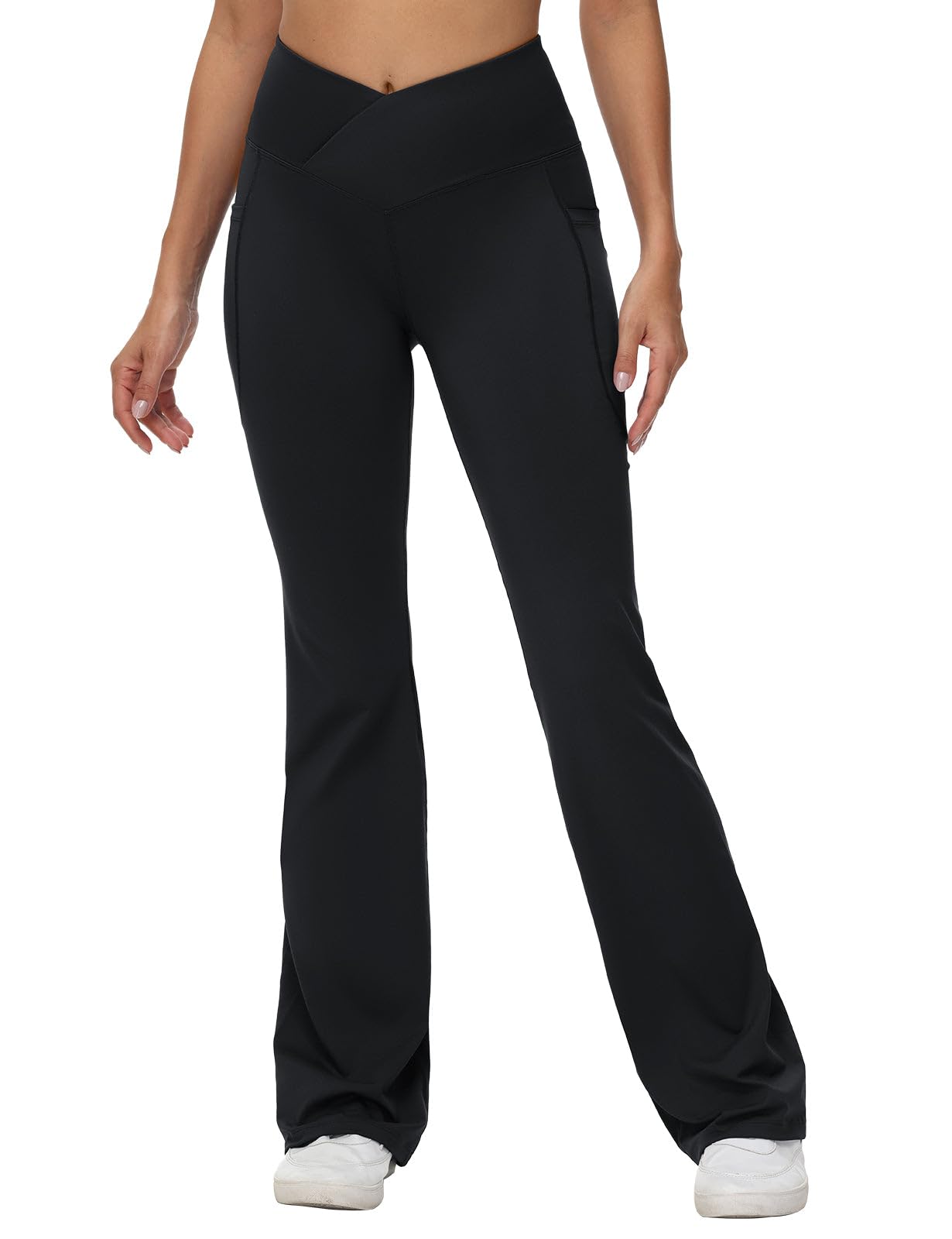 baleaf Womens V Crossover Flare Leggings with Pockets Yoga Pants High Waist | 29"/32"/34", 4-Way Stretch, Soft, Ideal for Yoga Workout Work Travel or Casual Wear, Flattering, and Washes Well 34" Inseam XX-Large Black