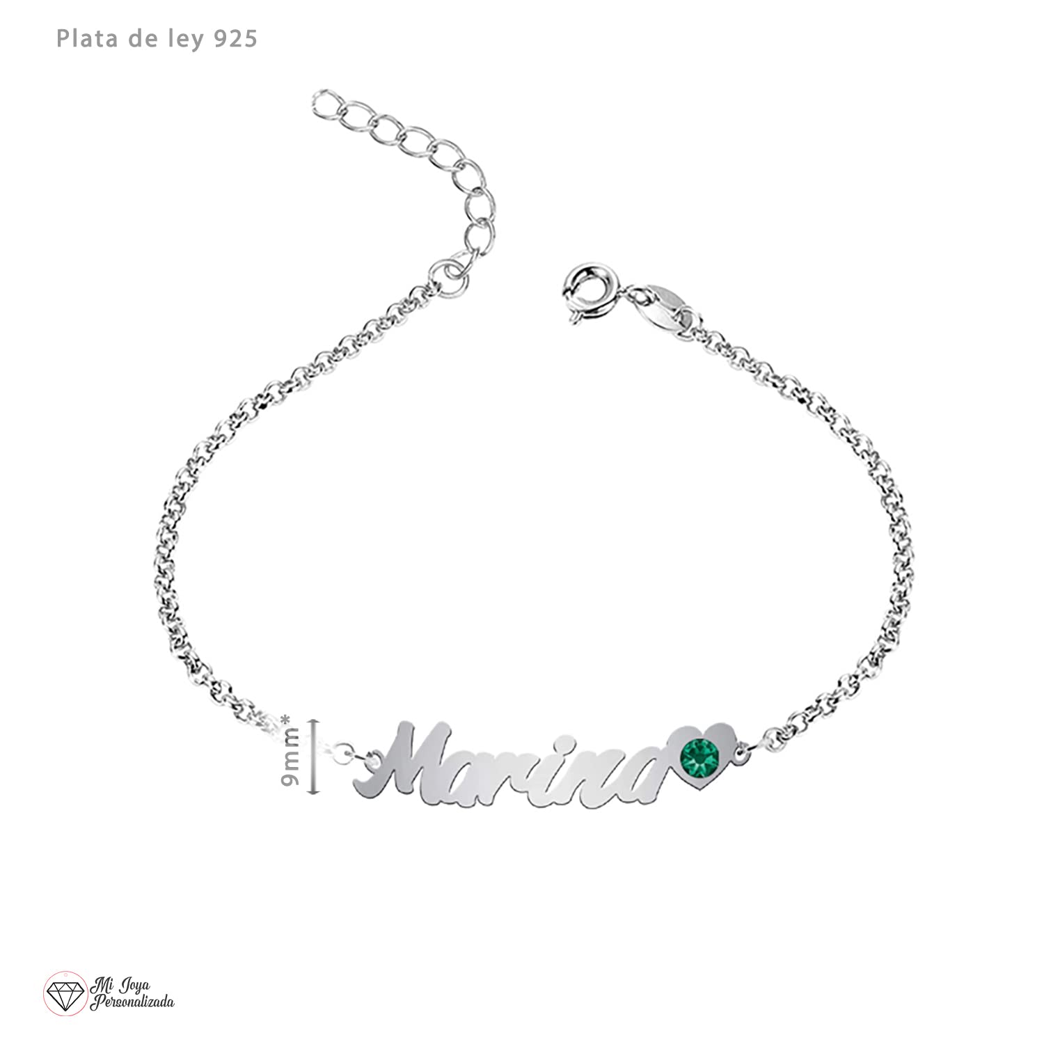 Tobillera PLATA DE LEY personalizada con nombre corazón y piedra de nacimiento
