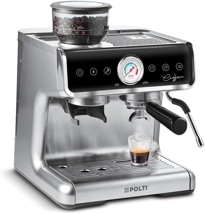 Polti Coffea G50S coffee machine brewing espresso into a small glass cup