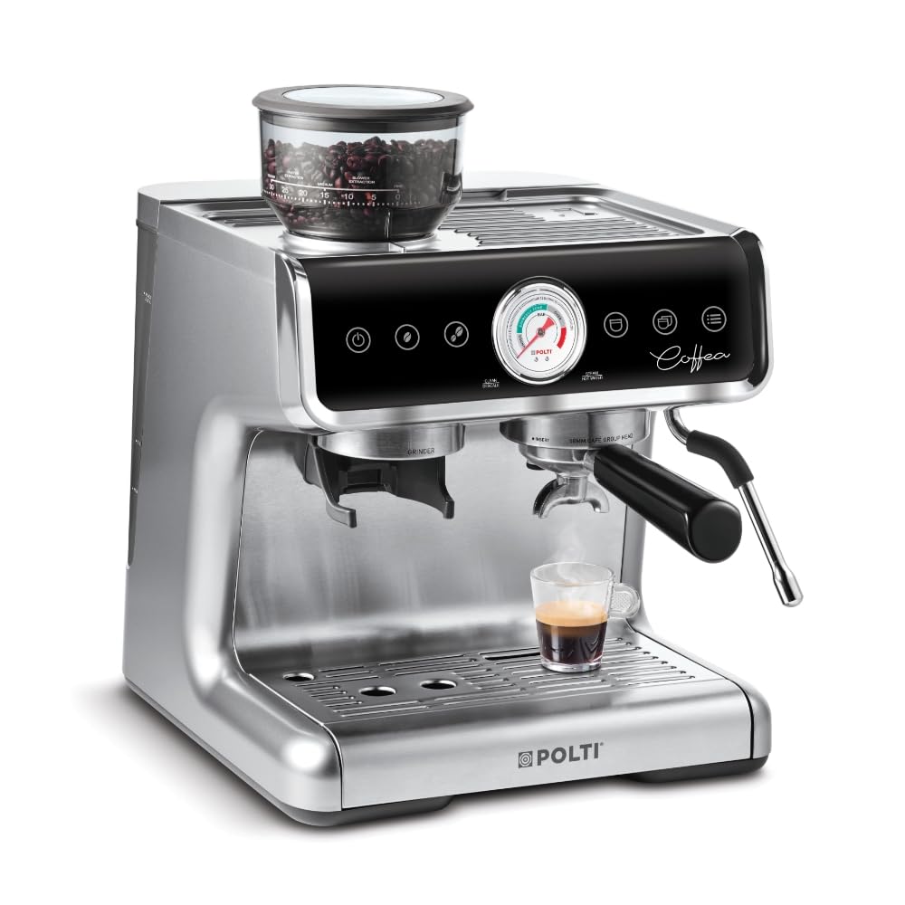 Polti Coffea G50S, ekspres do kawy z wbudowanym młynkiem do ziarna, do espresso i cappuccino, 30 poziomów mielenia, profesjonalny młynek do mleka parowego, srebrny
