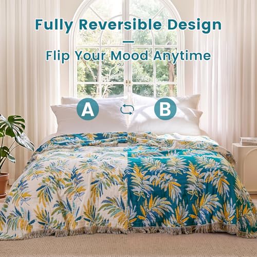 Image of MSGKV Boho Throw Blanket 60 inchx80 inch 100% Cotton Leaves Muslin Blanket for Bed