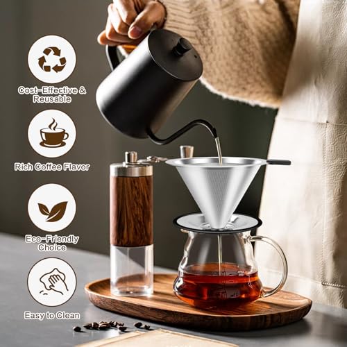 Image of Pour Over Coffee Dripper, Stainless Steel Coffee Filter, Paperless Reusable Coffee Filter, Double Micromesh 600 Mesh Strainer Coffee Maker with Heat-Resistant Silicone Handle & Base for 1-2 Cup