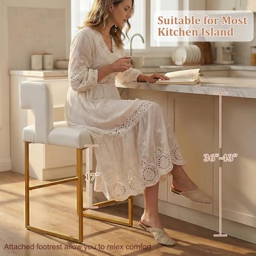 Image of 26 inch H Bar Stools Set of 4 with Back, Faux Leather Counter Height Stools with Footrest, Square Metal Frame, Modern Upholstered Bar Chairs for Kitchen Island /Dining Room, White & Gold Legs
